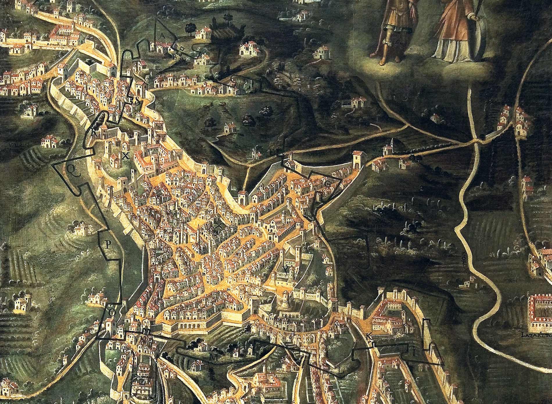 porzione di dipinto di Alvise Cima raffigurante il perimetro di Bergamo